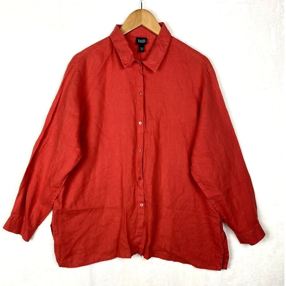 Eileen Fisher Blouse Top Womens Large 100% Linen Coastal
